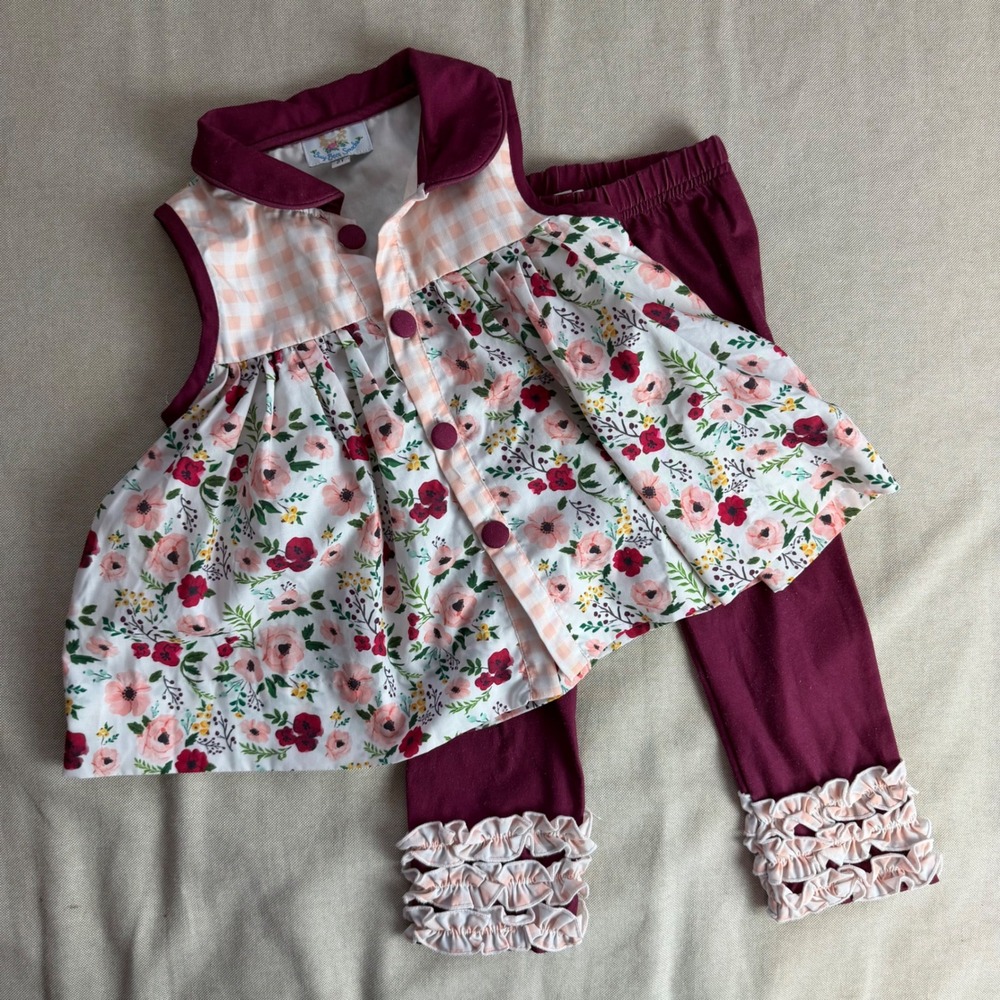 Busy Bees Smocks Girl 2T Floral Ruffle Legging Set Maroon Pink 2 Piece Set